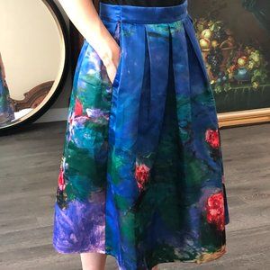 Vintage Style A-line Skirt (Monet's Garden Water Lilies)